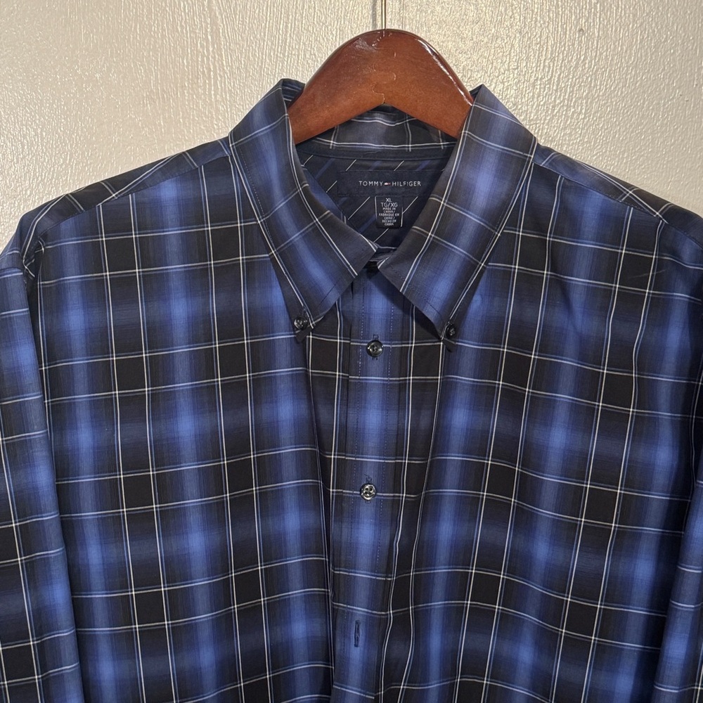 Iconic Y2K Tommy Hilfiger Blue Black & White Plaid Shirt Button Down Collar
